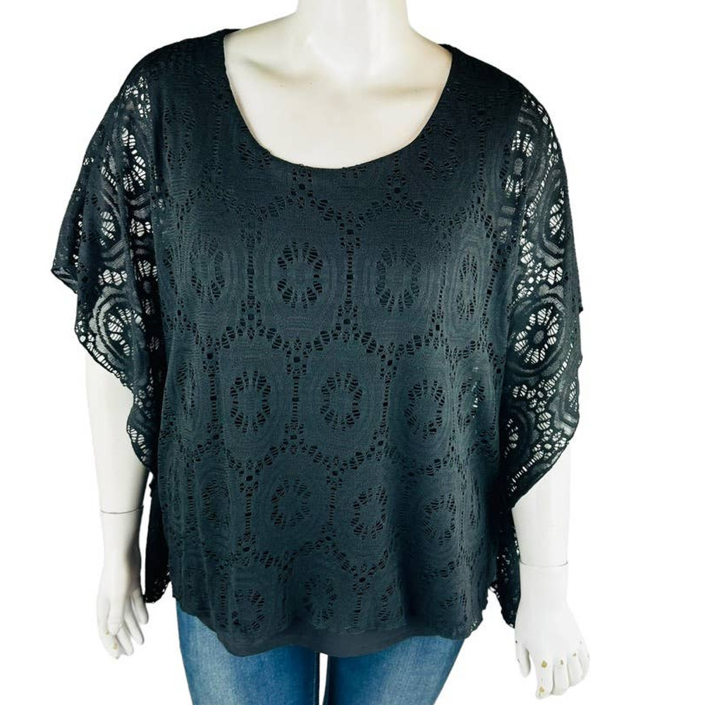 New Cato Womans Sz 18/20W Blouse Short Sleeve Black Lace Stretch‎ NWT